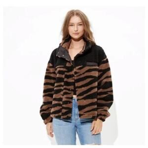 American Eagle Brown & Black Fuzzy Sherpa Zebra Stripe Bomber Jacket Size M